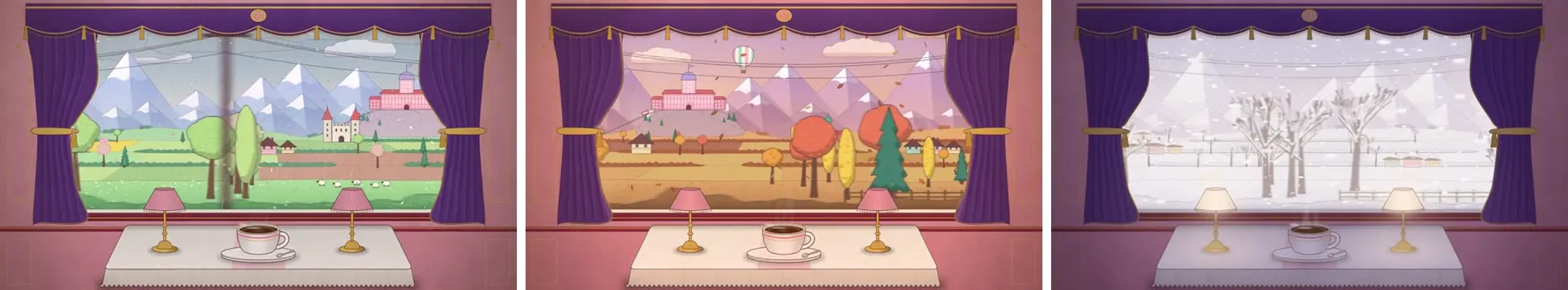 Three frames from Ole Lehmann’s train window animation: a summer landscape seen between purple curtains with a coffee cup on the table, an autumn view in orange and red, and a snowy winter view