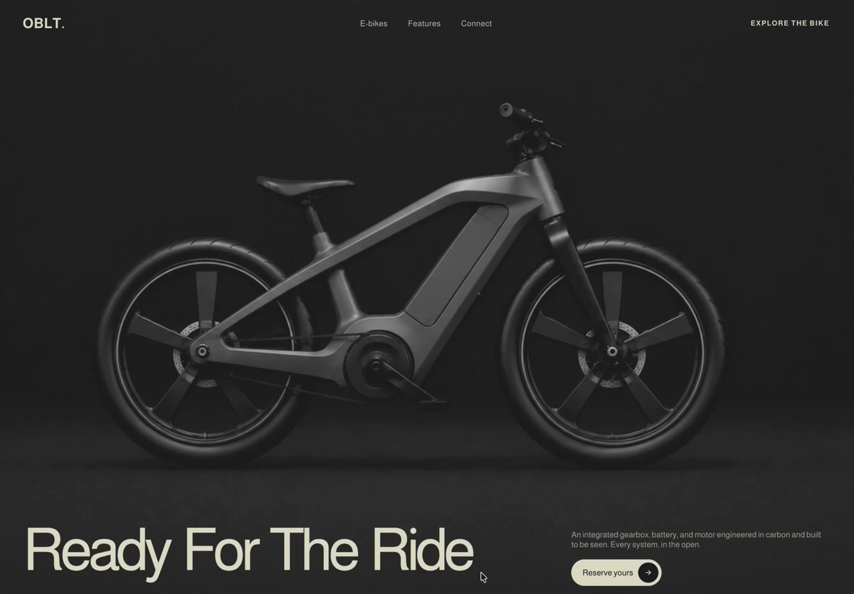 # OBLT E-bike Header A full-viewport, dark, cinematic e-bike product header for the brand…