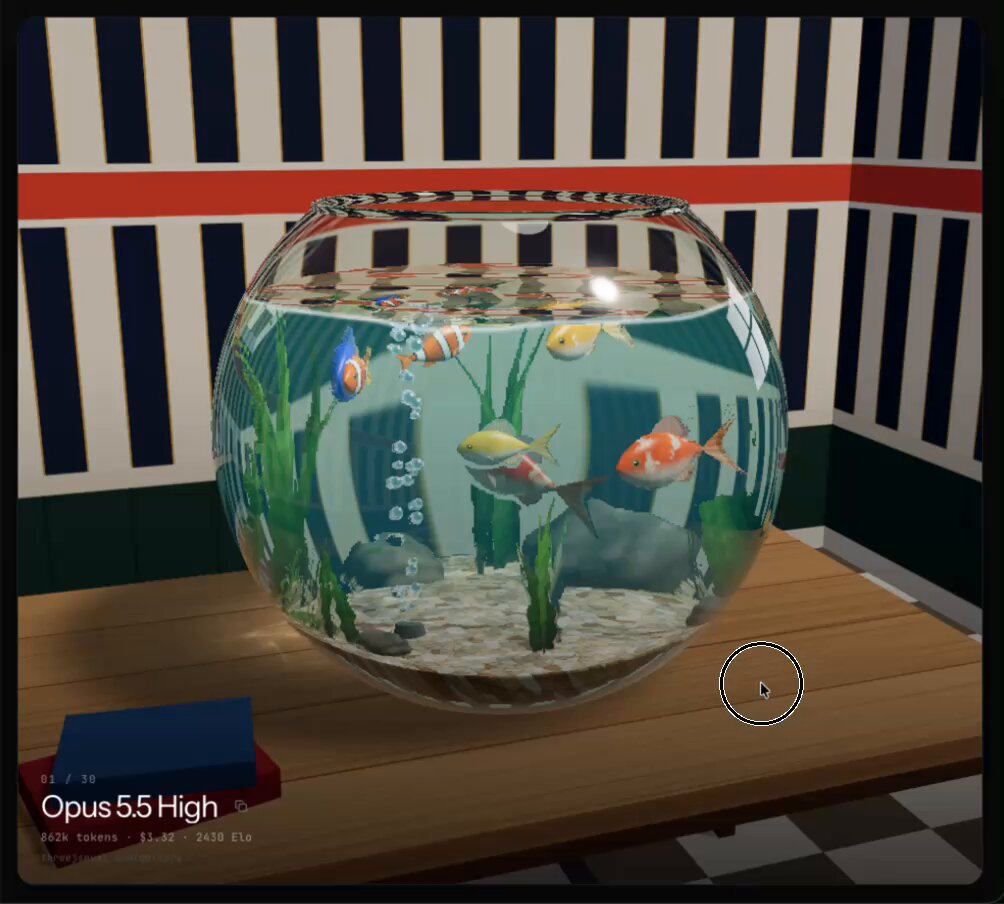 Opus 5.5 does a great job in eval of GLSL (OpenGL Shading Language) in threejs. The promp…