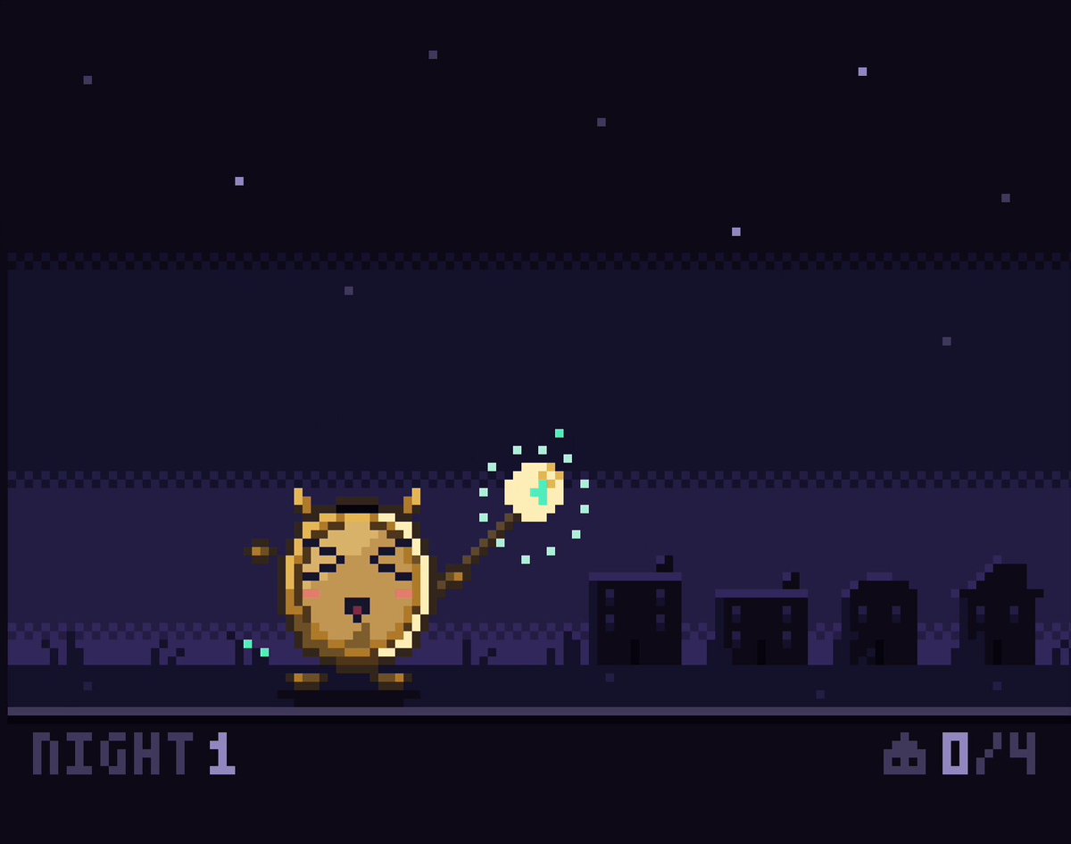 Create a single self-contained HTML file that renders an animated pixel art wizard castin…